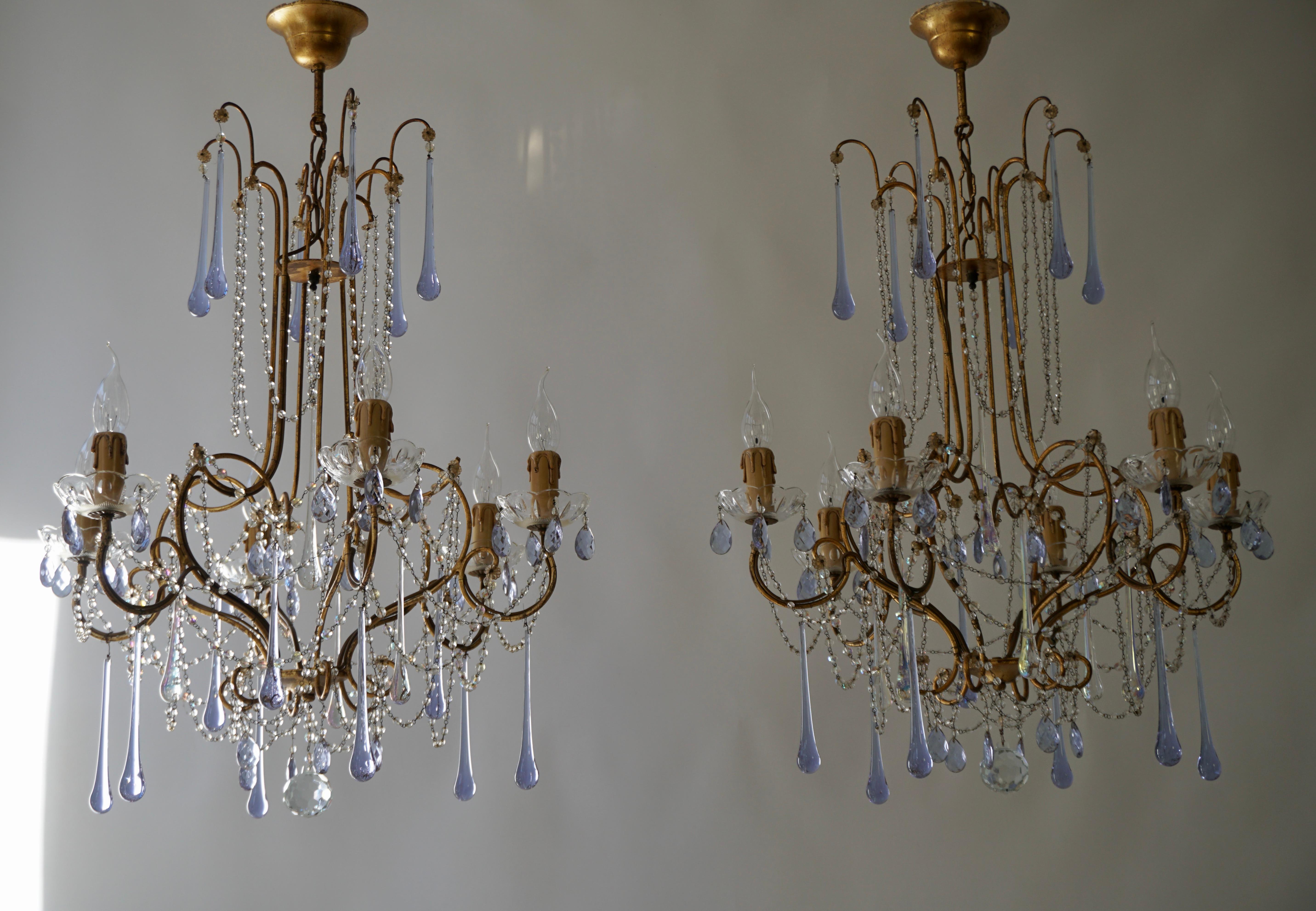 20th Century Pair of French Brass Chandeliers with Glass Teardrops For Sale