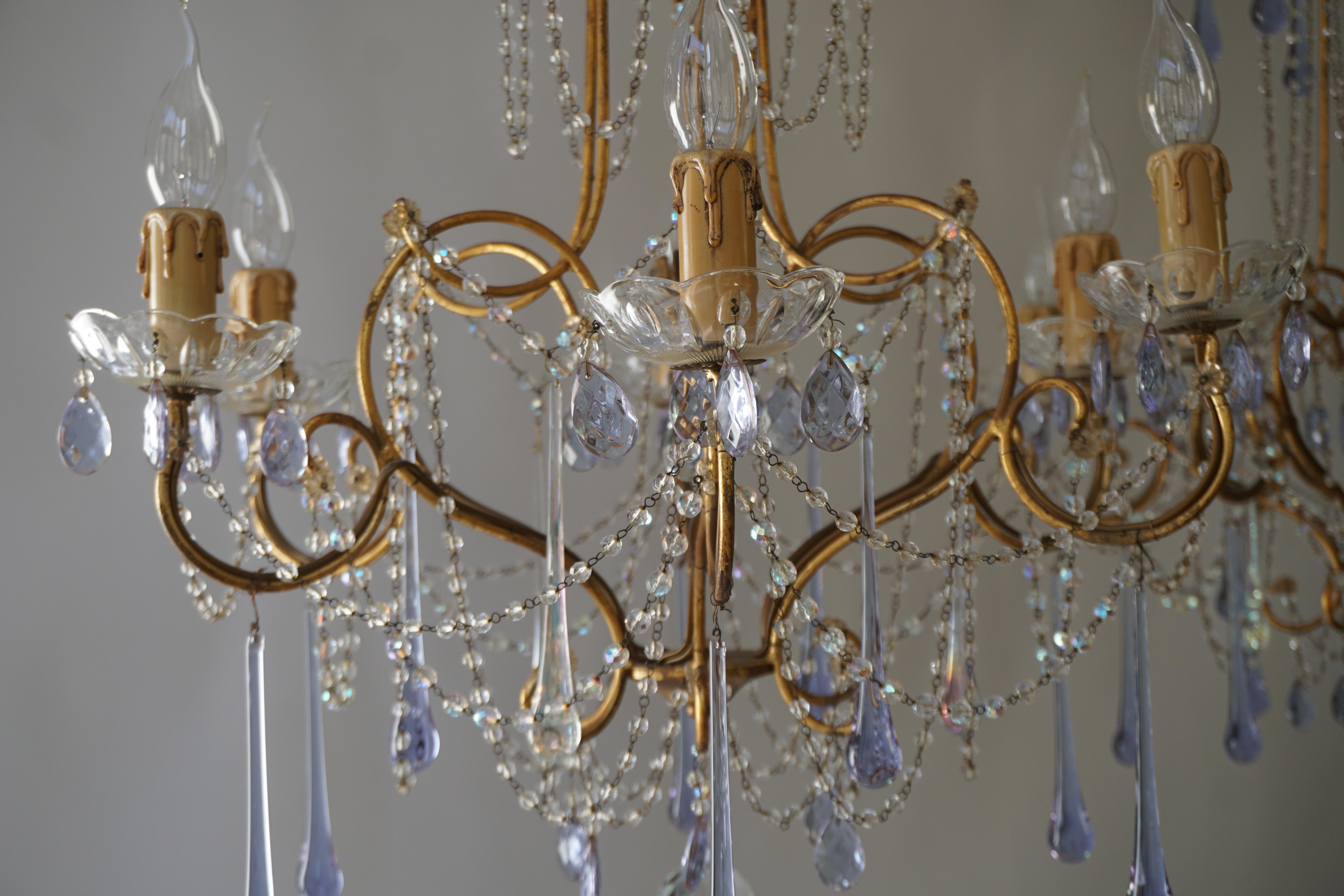 Pair of French Brass Chandeliers with Glass Teardrops For Sale 2