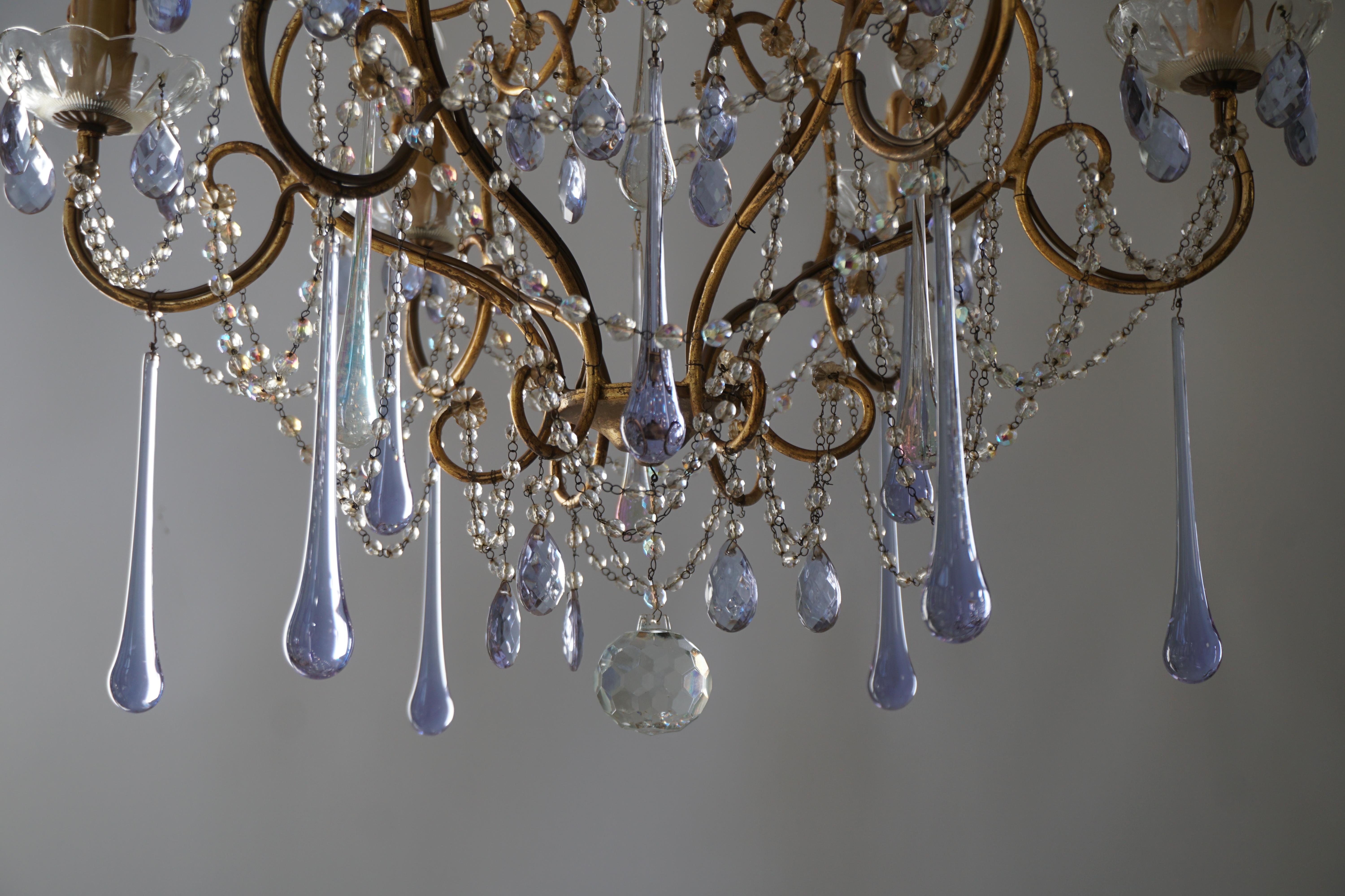 Pair of French Brass Chandeliers with Glass Teardrops For Sale 3