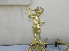 Pair of French Brass Cherub & Dolphin Andirons with Matching Log Stops, C. 1820