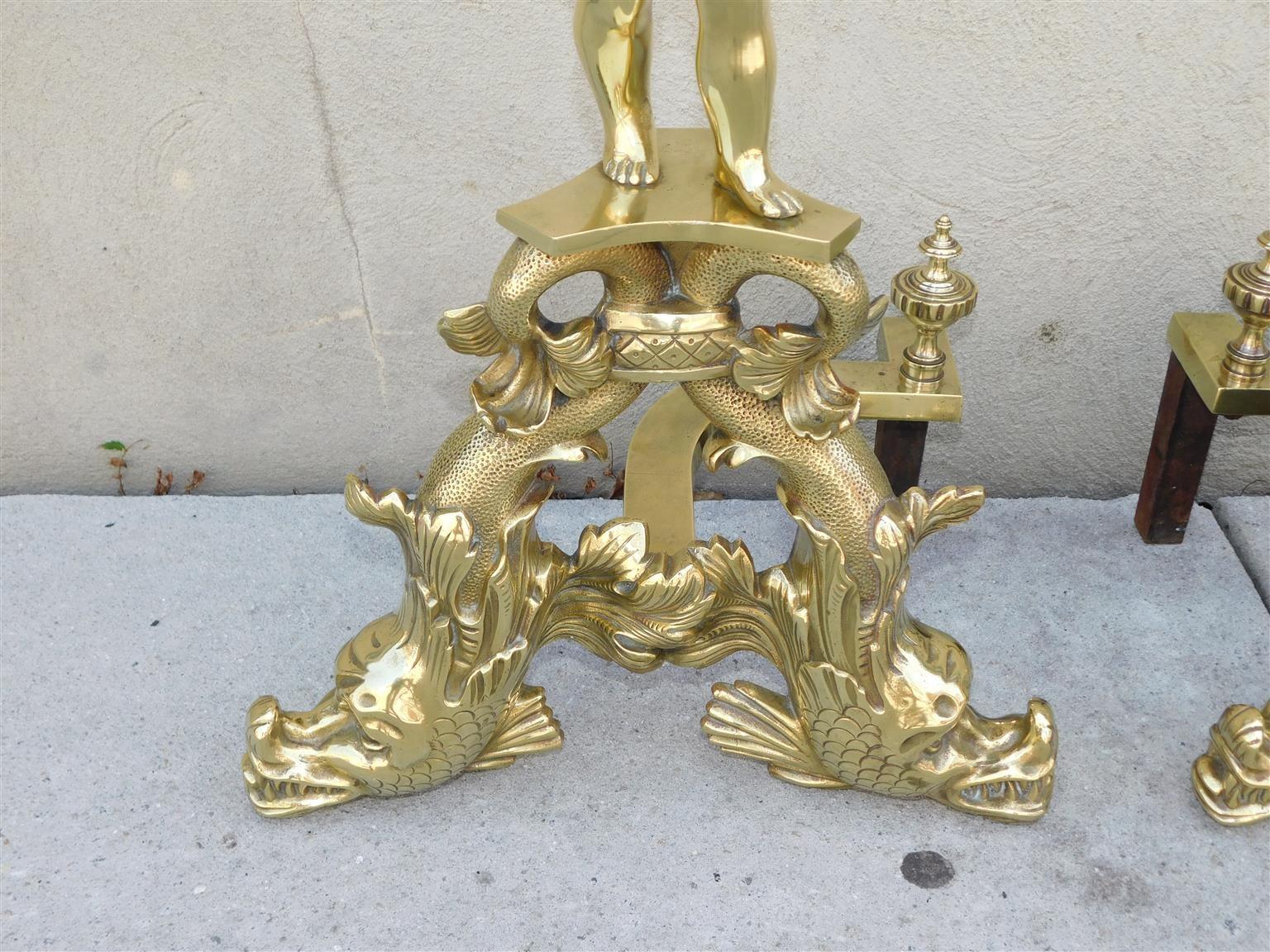 Louis Philippe Pair of French Brass Cherub & Dolphin Andirons with Matching Log Stops, C. 1820 For Sale