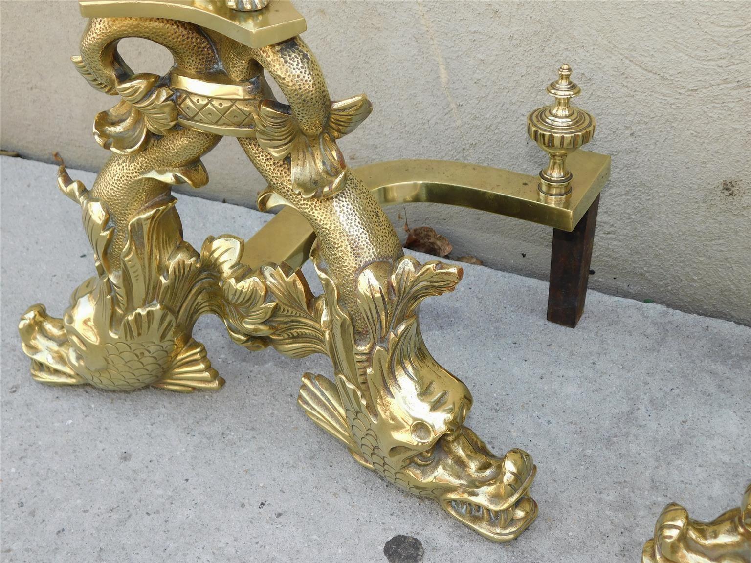 Cast Pair of French Brass Cherub & Dolphin Andirons with Matching Log Stops, C. 1820 For Sale
