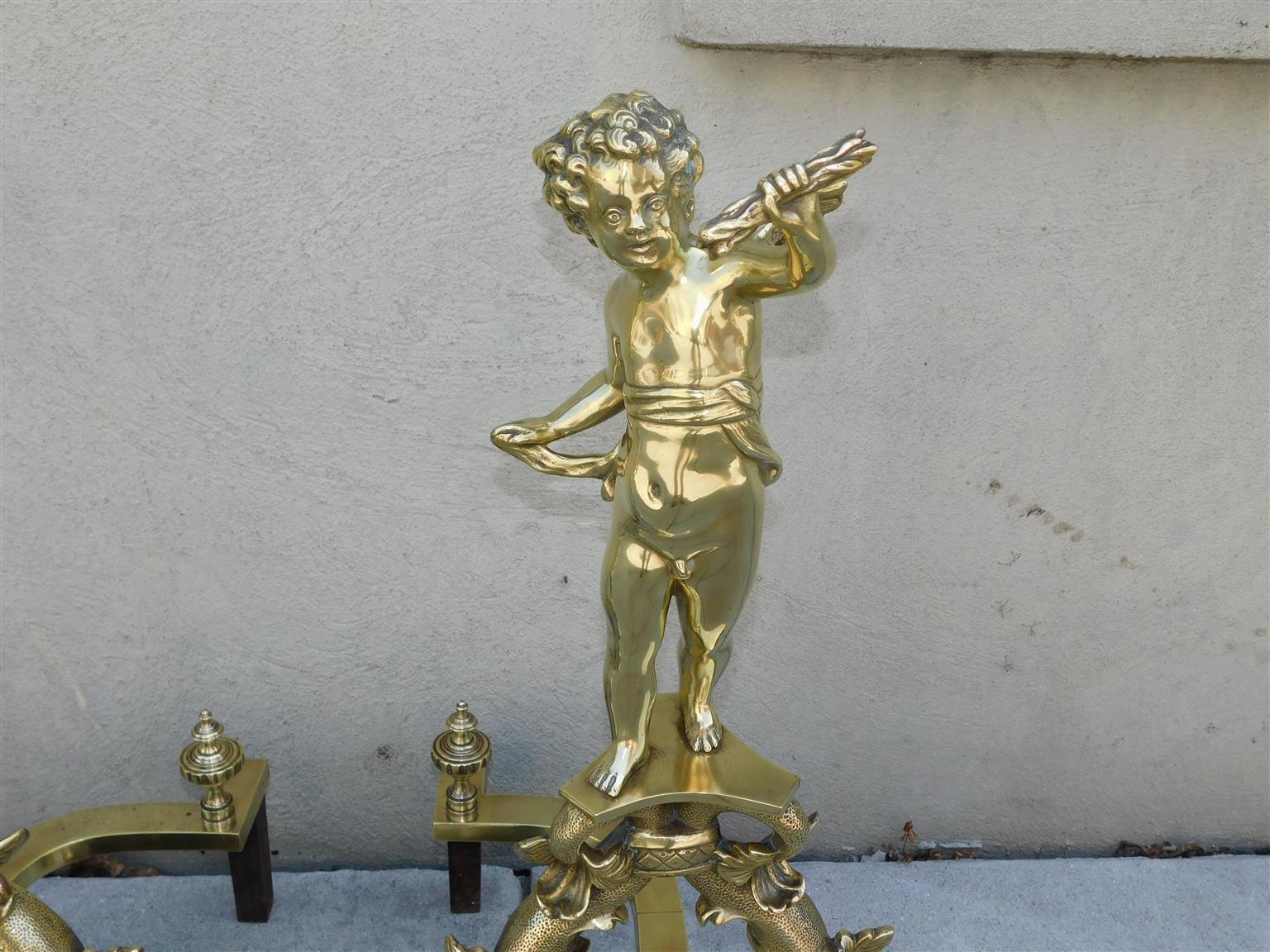 Pair of French Brass Cherub & Dolphin Andirons with Matching Log Stops, C. 1820 In Excellent Condition For Sale In Charleston, SC