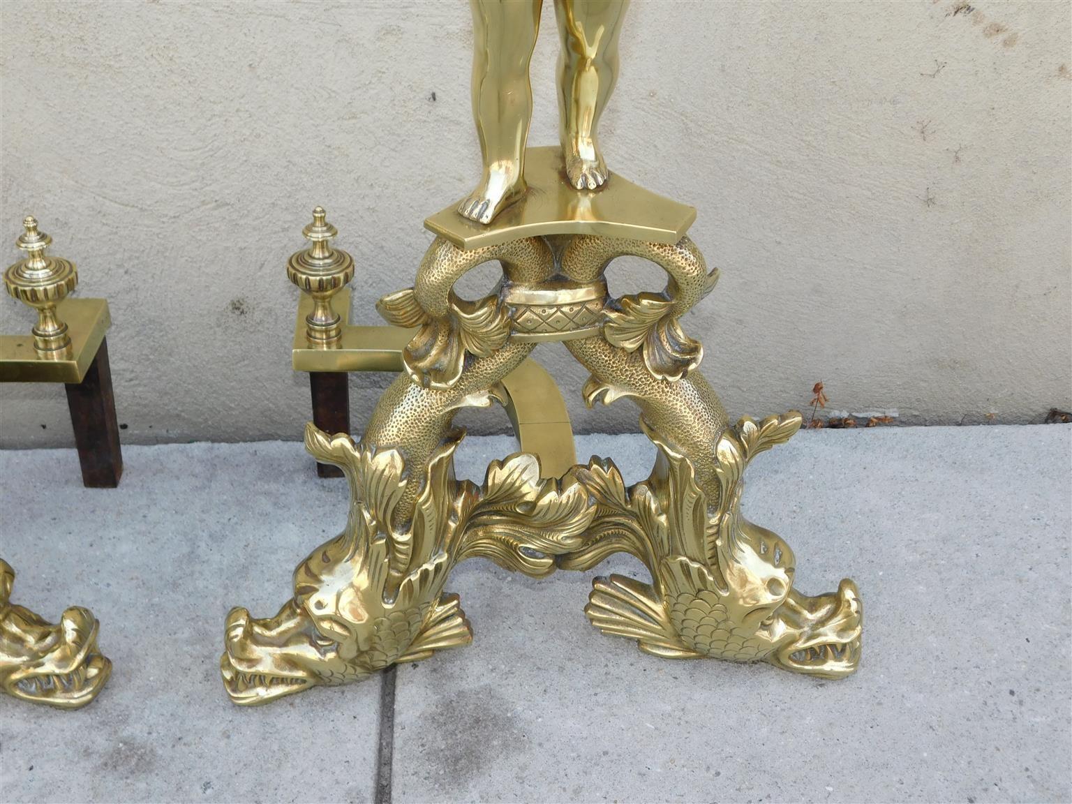 Early 19th Century Pair of French Brass Cherub & Dolphin Andirons with Matching Log Stops, C. 1820 For Sale