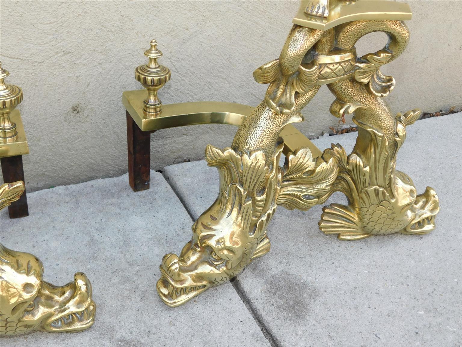 Pair of French Brass Cherub & Dolphin Andirons with Matching Log Stops, C. 1820 For Sale 1