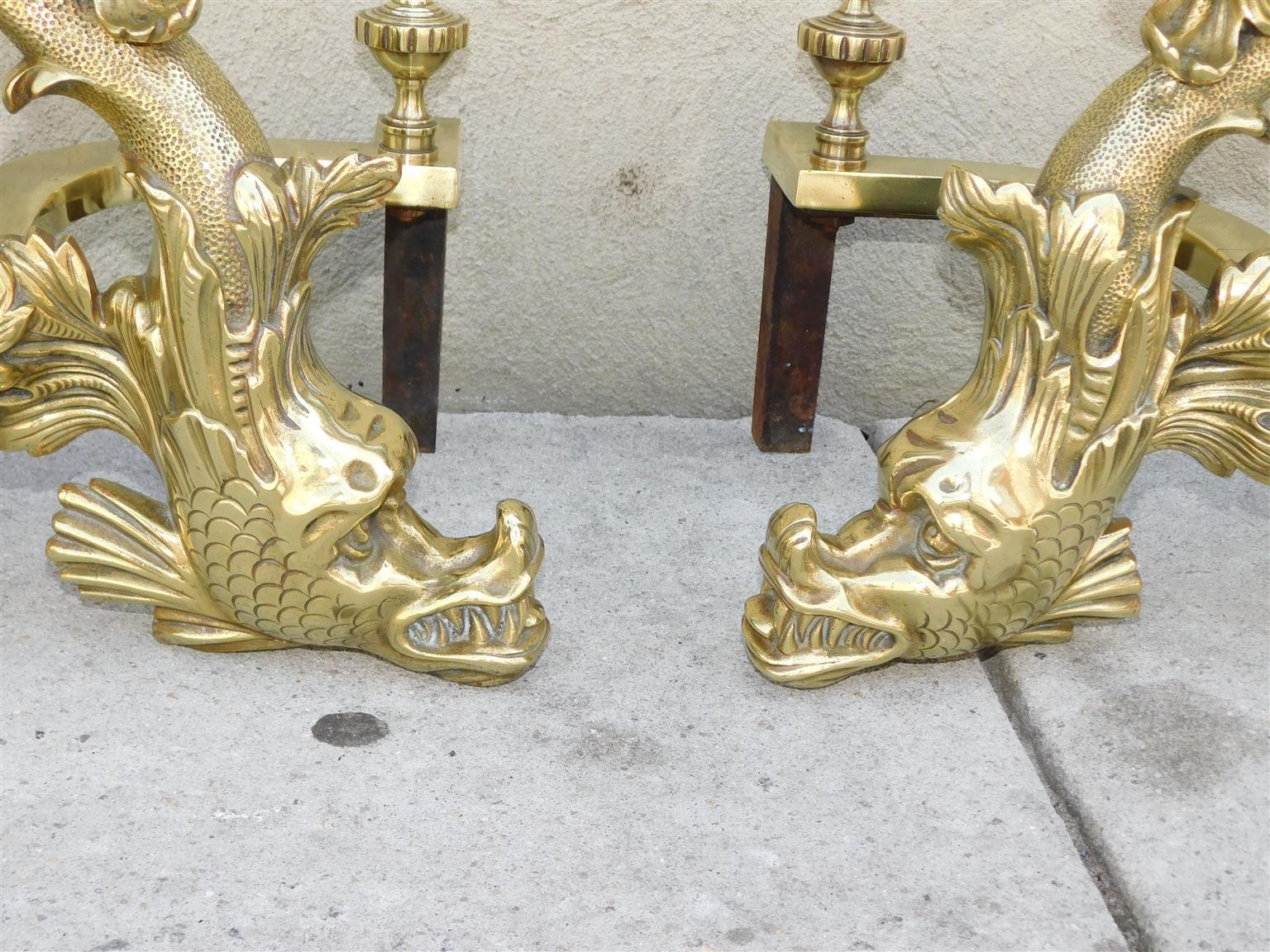 Pair of French Brass Cherub & Dolphin Andirons with Matching Log Stops, C. 1820 For Sale 2