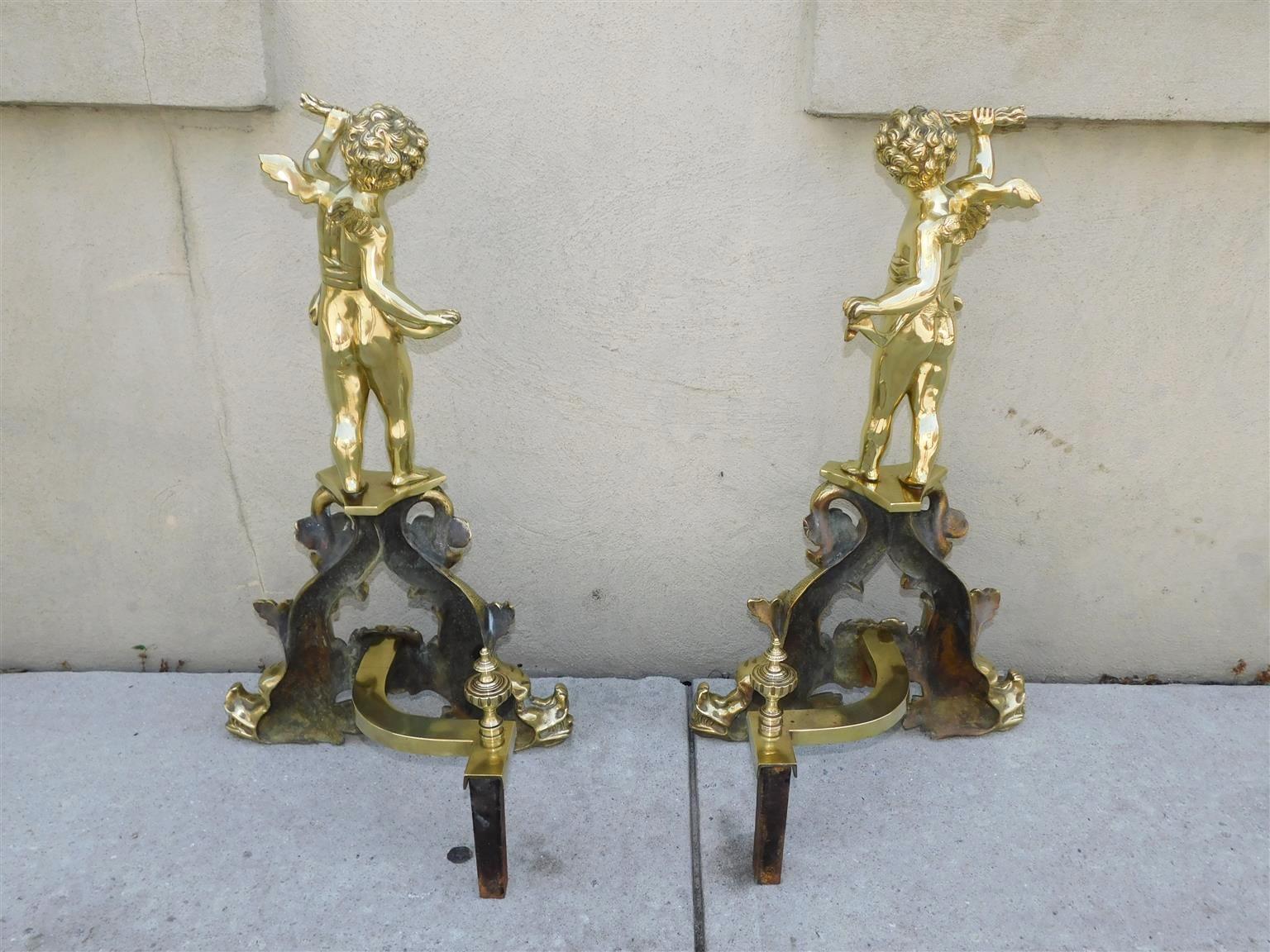 Pair of French Brass Cherub & Dolphin Andirons with Matching Log Stops, C. 1820 For Sale 3