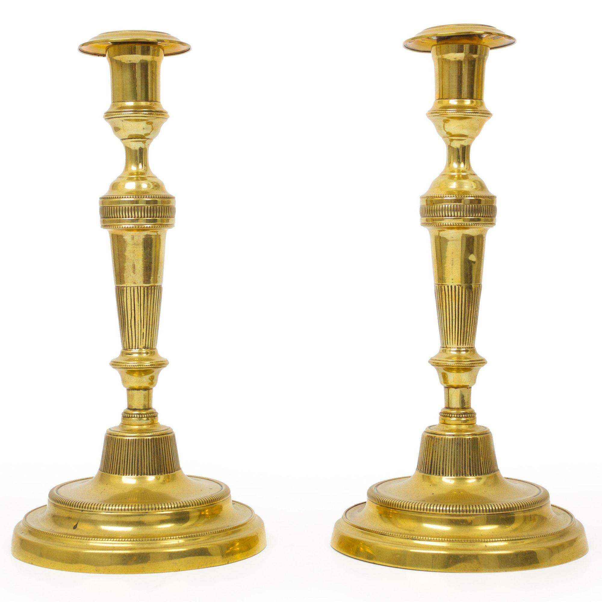 Pair of French Brass Directoire Period Antique Candlesticks, Early 19th Century In Good Condition In Shippensburg, PA