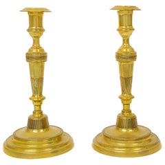 Pair of French Brass Directoire Period Antique Candlesticks, Early 19th Century