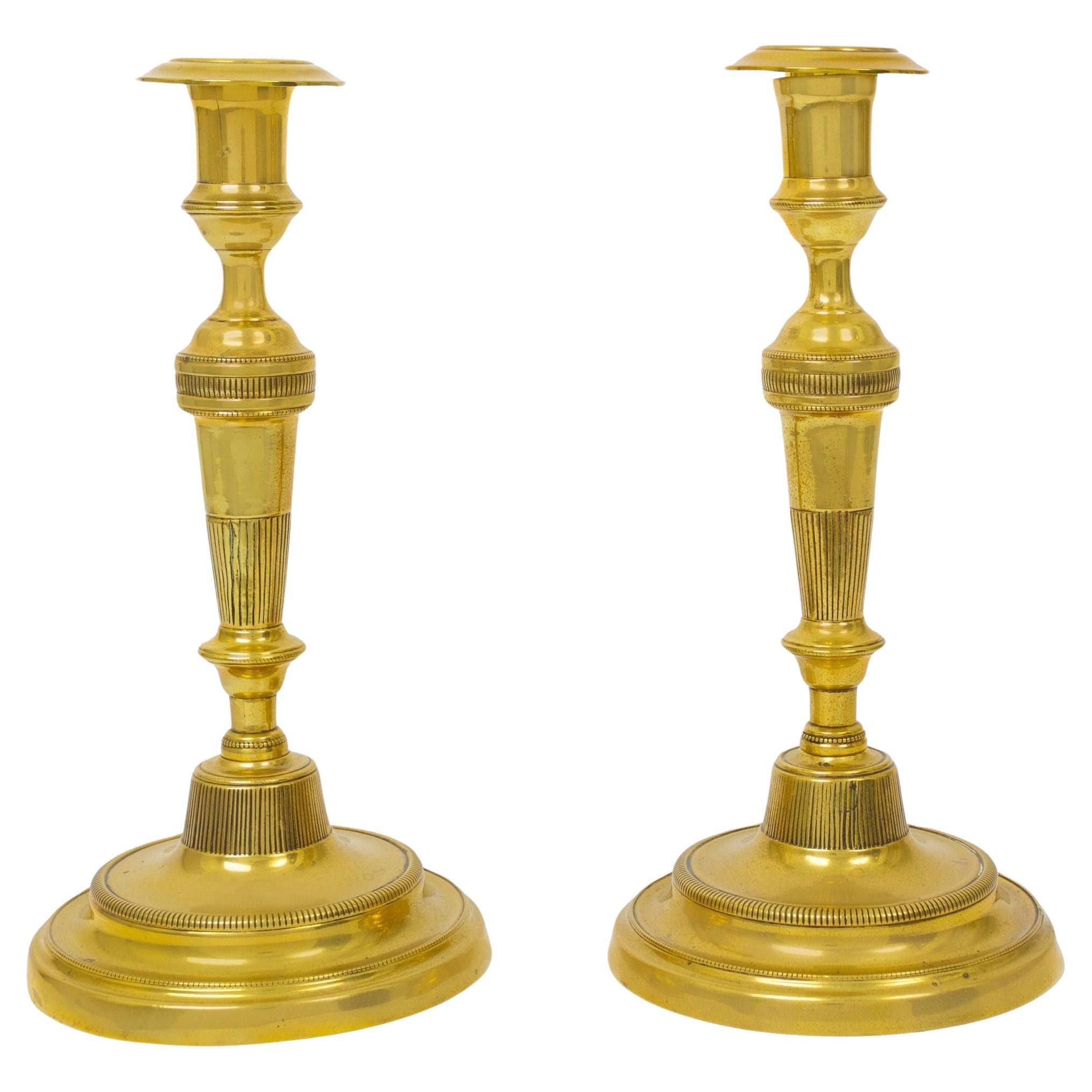 Pair of French Brass Directoire Period Antique Candlesticks, Early 19th Century