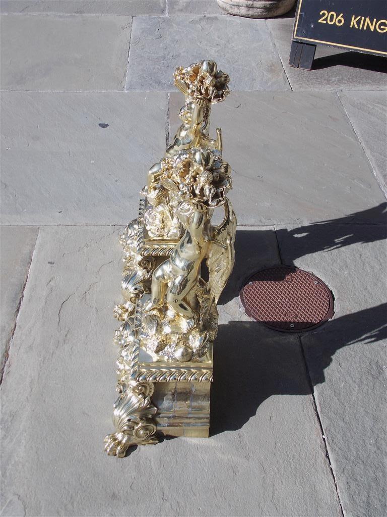 Pair of French Brass Flanking Cherub Fruit Shell Andirons with Paw Feet C. 1815 3