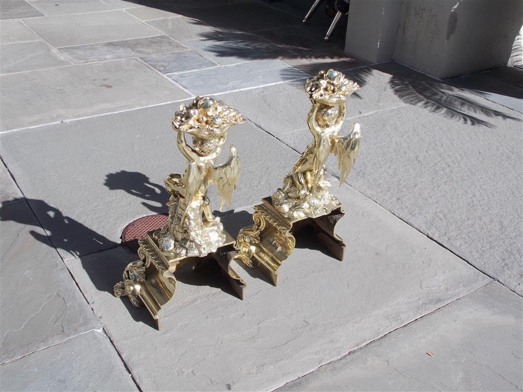 Pair of French Brass Flanking Cherub Fruit Shell Andirons with Paw Feet C. 1815 5