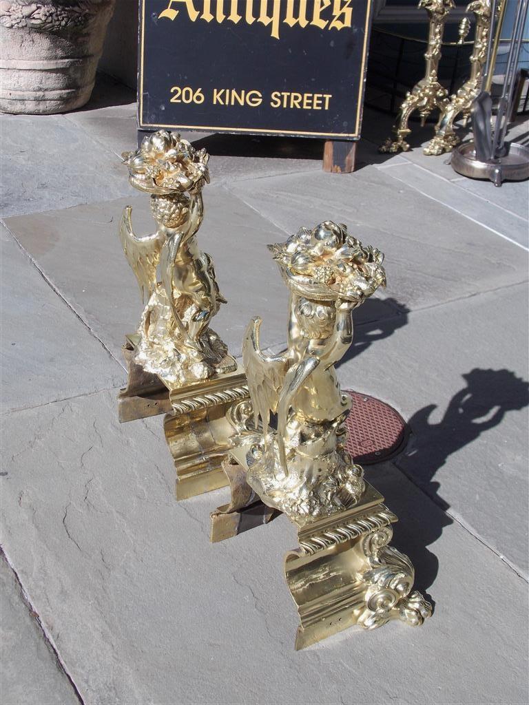 Pair of French Brass Flanking Cherub Fruit Shell Andirons with Paw Feet C. 1815 6