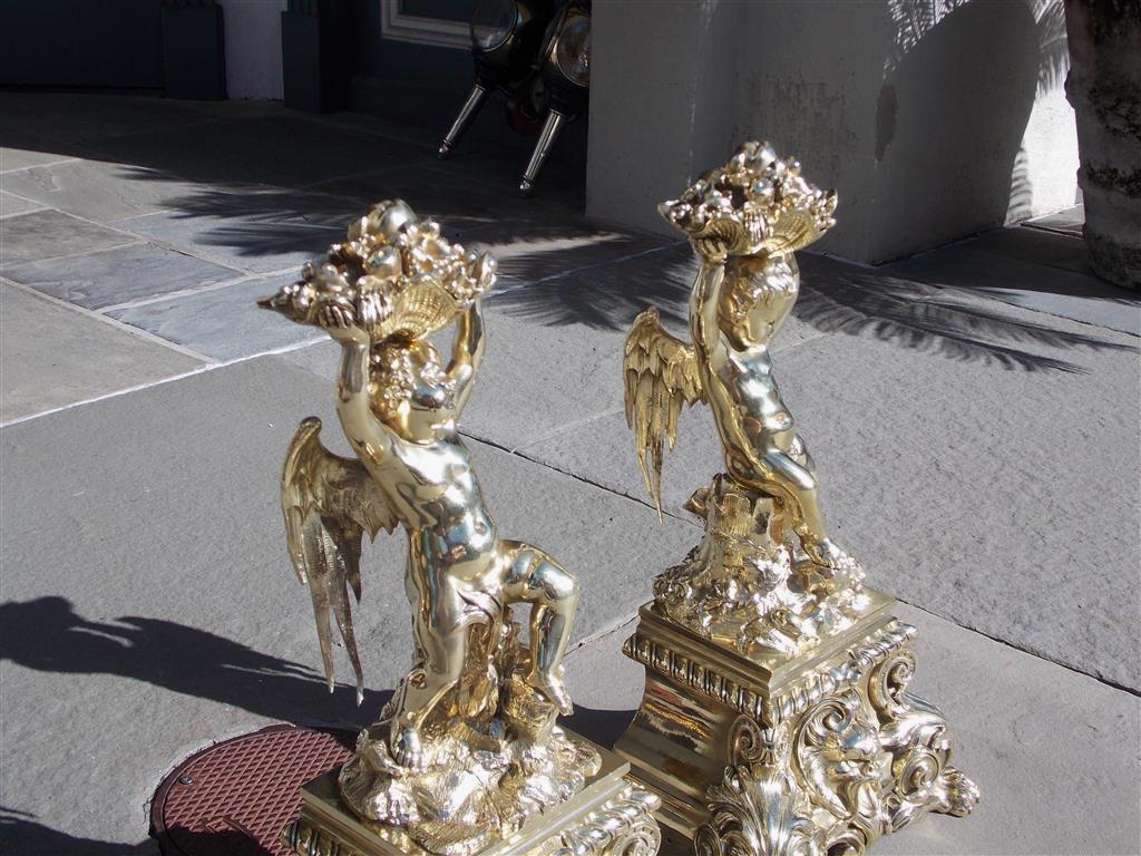 Pair of French brass flanking raised fruit shell winged cherub andirons resting on rocky plinths with decorative gadrooned molded edges, centered scrolled lions heads, and terminating on acanthus scrolled winged lions paw feet. Early 19th century.