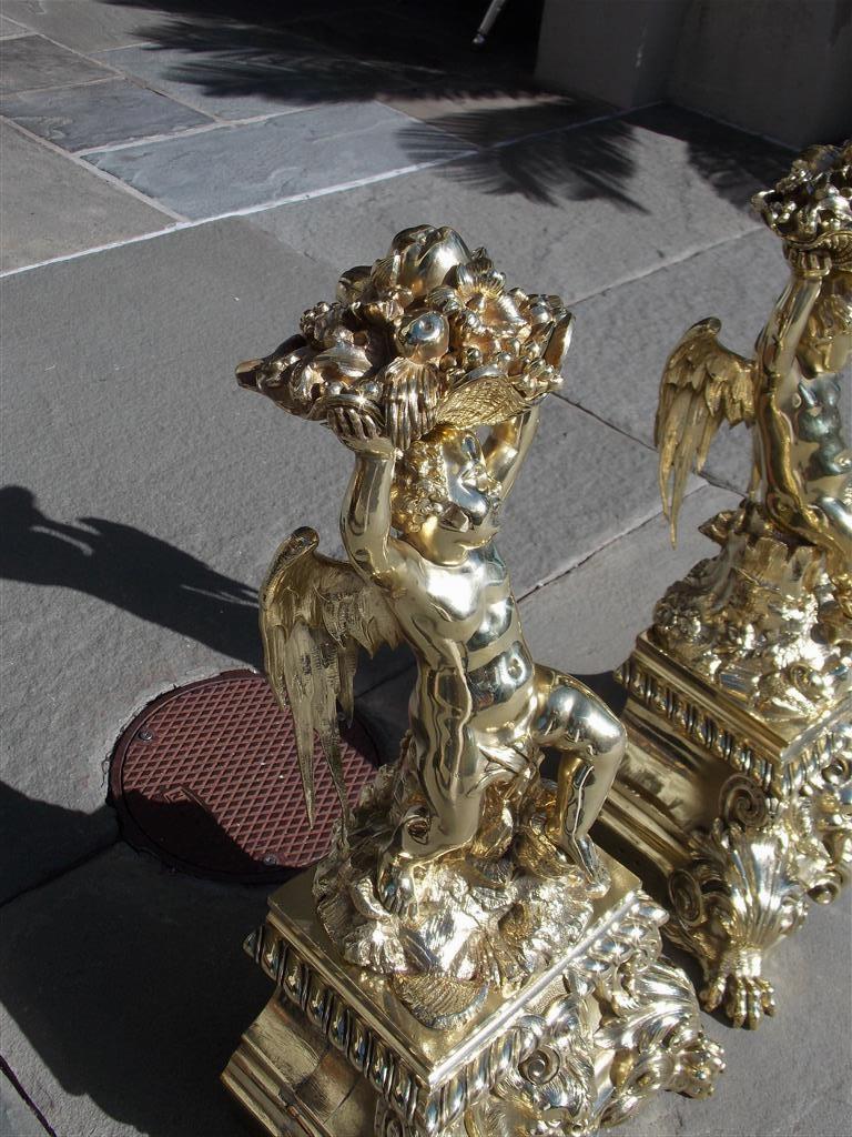 Louis Philippe Pair of French Brass Flanking Cherub Fruit Shell Andirons with Paw Feet C. 1815