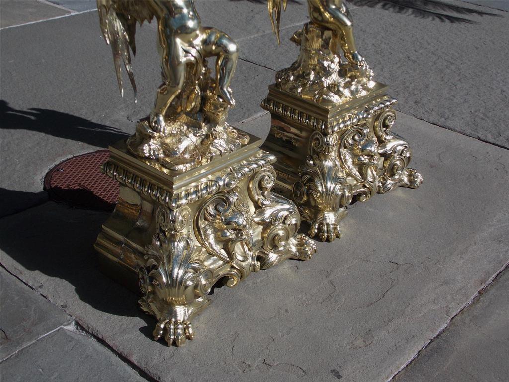 Pair of French Brass Flanking Cherub Fruit Shell Andirons with Paw Feet C. 1815 In Excellent Condition In Hollywood, SC