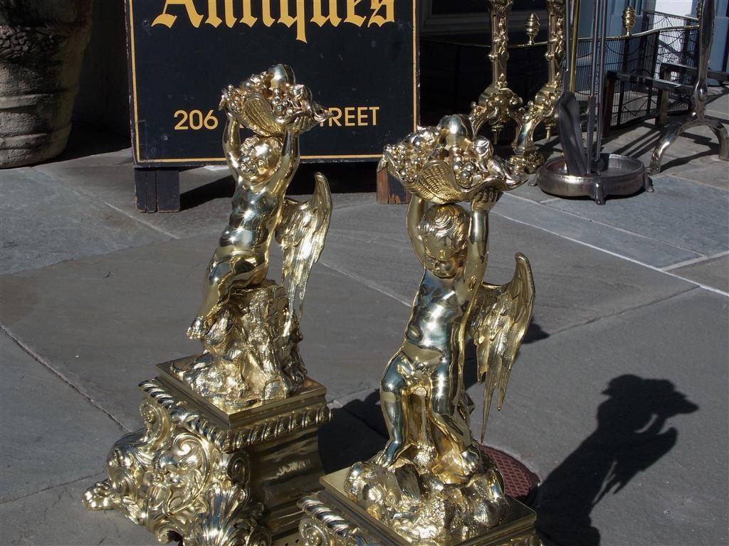 Iron Pair of French Brass Flanking Cherub Fruit Shell Andirons with Paw Feet C. 1815