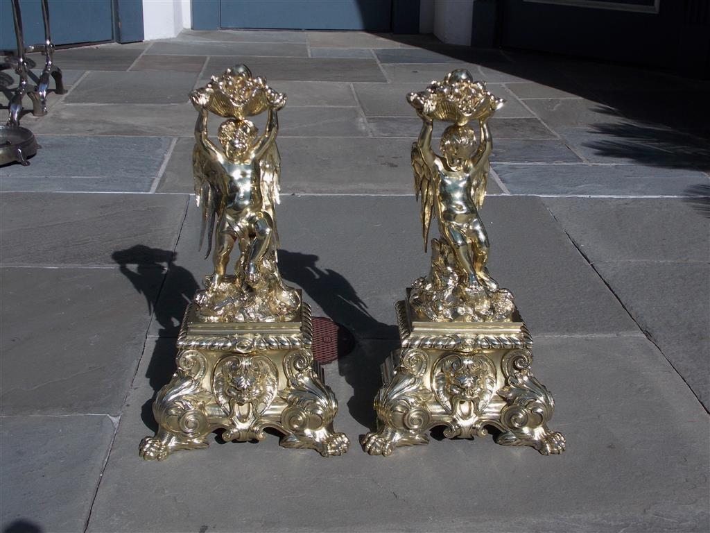 Pair of French Brass Flanking Cherub Fruit Shell Andirons with Paw Feet C. 1815 1