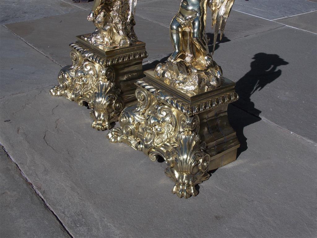 Pair of French Brass Flanking Cherub Fruit Shell Andirons with Paw Feet C. 1815 2