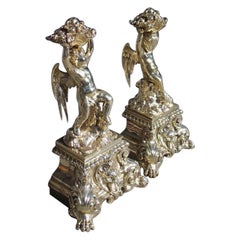 Antique Pair of French Brass Flanking Cherub Fruit Shell Andirons with Paw Feet C. 1815