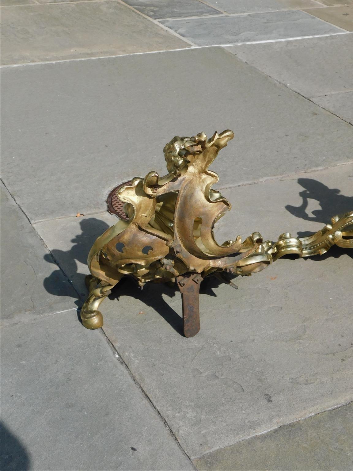 Pair of French Brass Flanking Figural Musical & Foliage Scrolled Chenets, C 1810 For Sale 2
