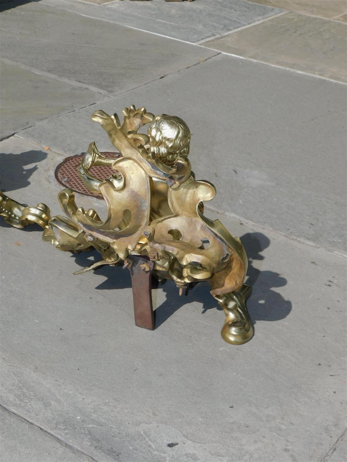 Pair of French Brass Flanking Figural Musical & Foliage Scrolled Chenets, C 1810 For Sale 3