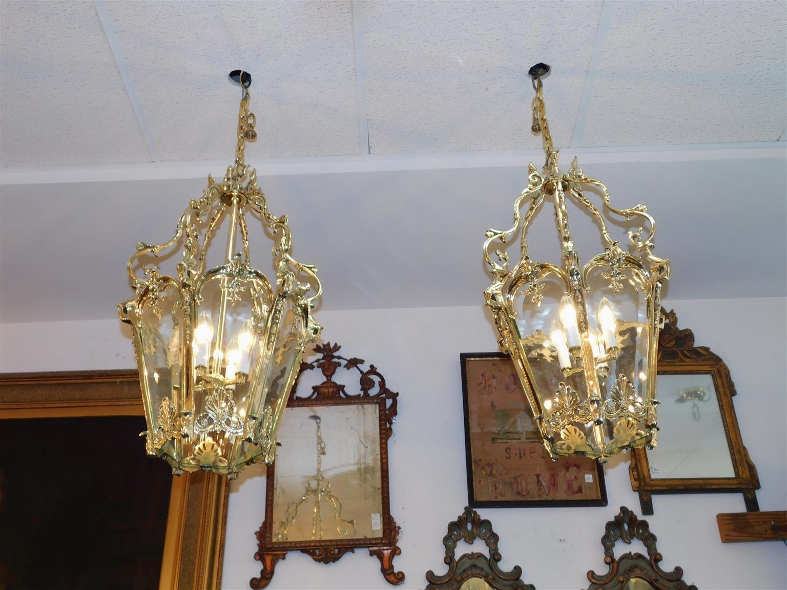 Louis Philippe Pair of French Brass Foliage Shell & Beveled Glass Hanging Hall Lanterns, C 1820 For Sale