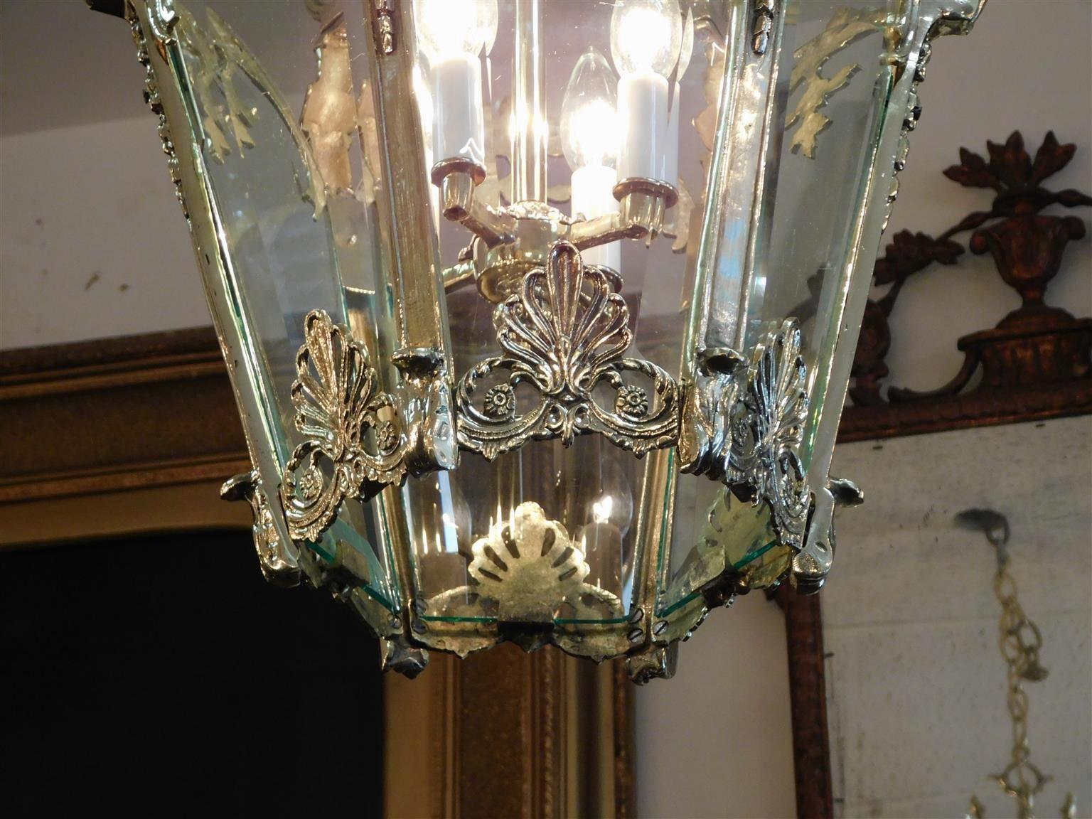 Pair of French Brass Foliage Shell & Beveled Glass Hanging Hall Lanterns, C 1820 For Sale 1