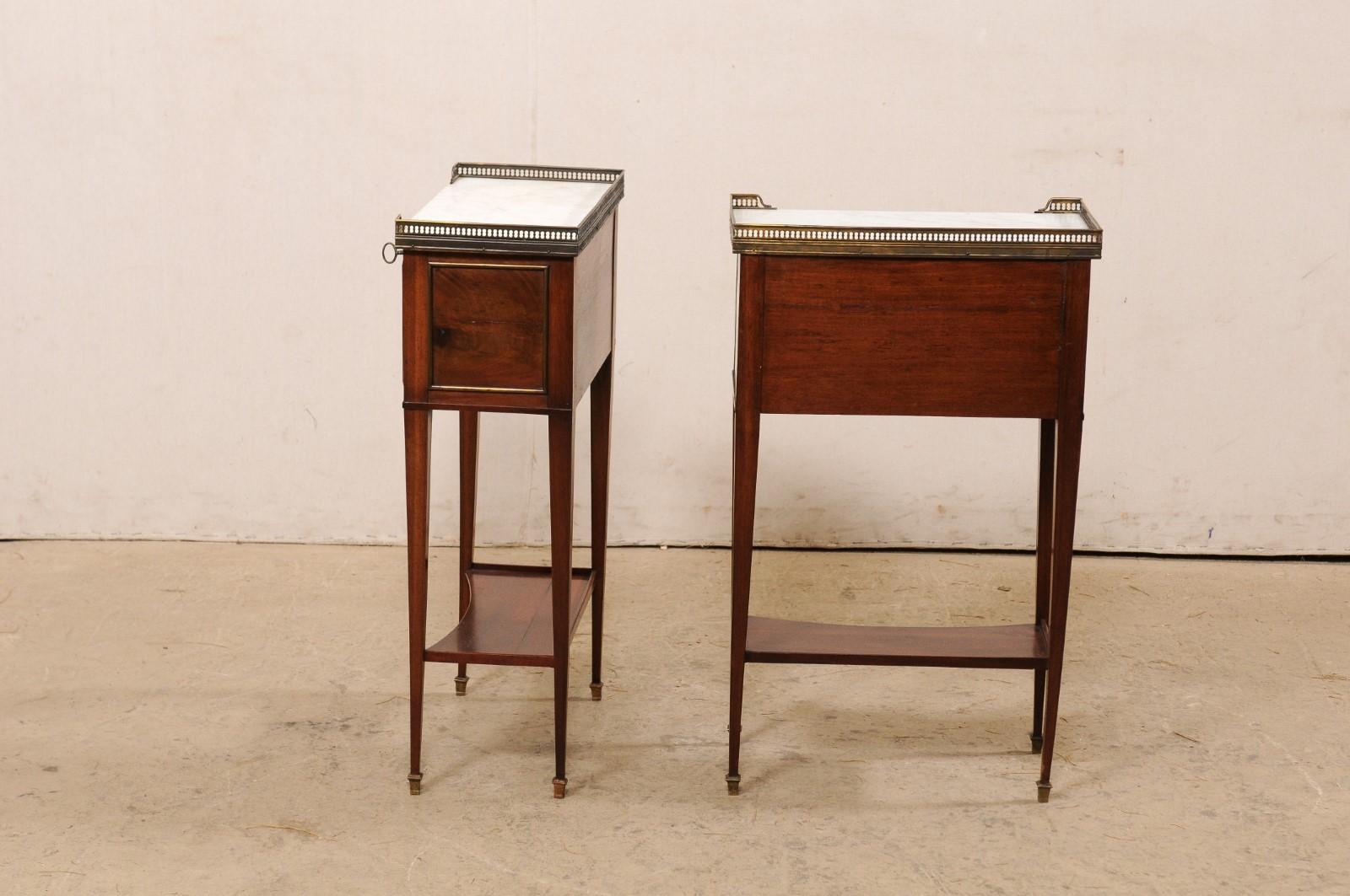 Pair of French Brass Gallery & Marble Top Mahogany Side Chests, Early 20th C. For Sale 7
