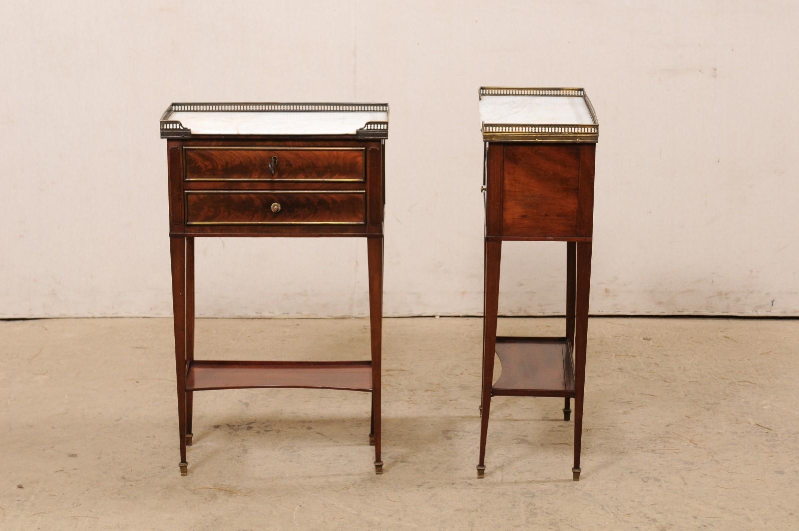 Pair of French Brass Gallery & Marble Top Mahogany Side Chests, Early 20th C. For Sale 8