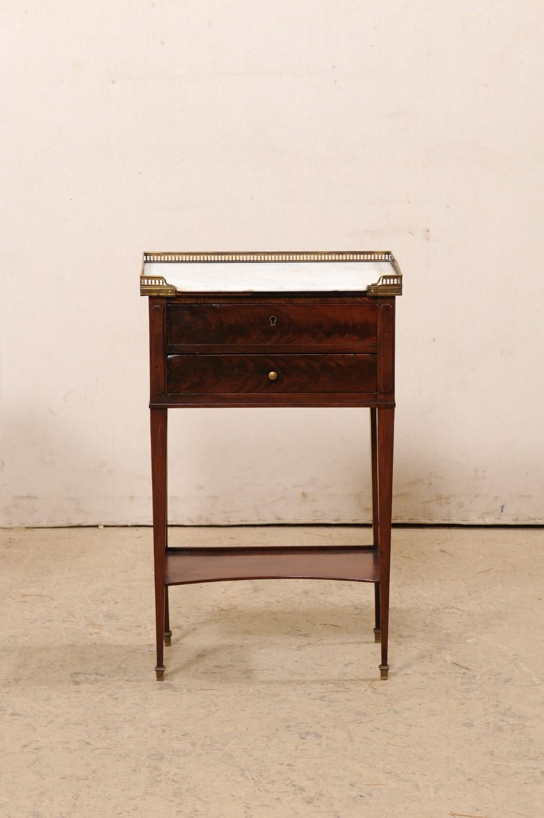 20th Century Pair of French Brass Gallery & Marble Top Mahogany Side Chests, Early 20th C. For Sale