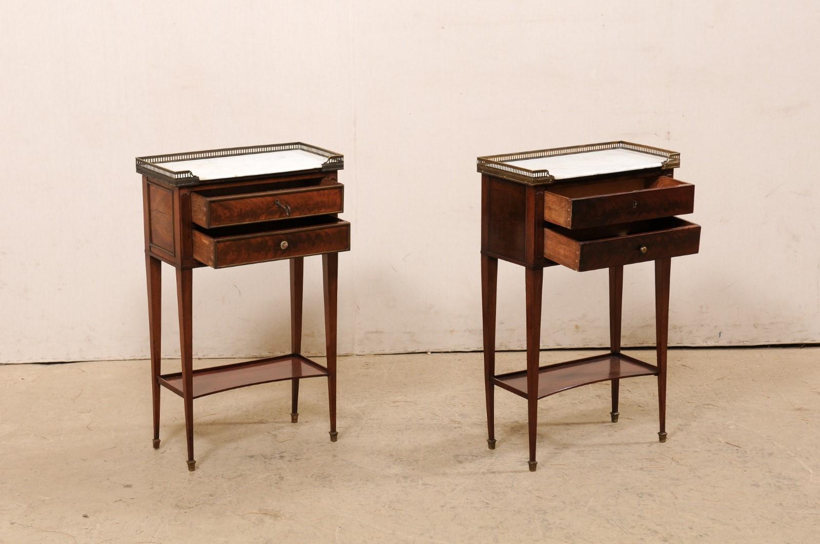 Pair of French Brass Gallery & Marble Top Mahogany Side Chests, Early 20th C. For Sale 1