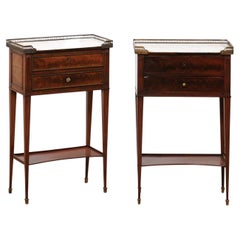 Pair of French Brass Gallery & Marble Top Mahogany Side Chests, Early 20th C.