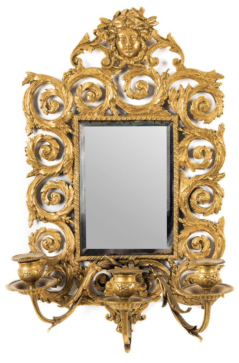 Rococo Paire de miroirs muraux Girandole en laiton de style baroque français ancien, 19ème siècle en vente