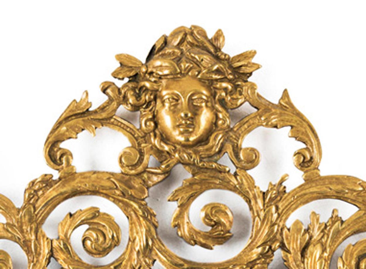 Rococo Pair of French Antique Baroque Style Brass Girandole Wall Mirrors, 19th Century For Sale