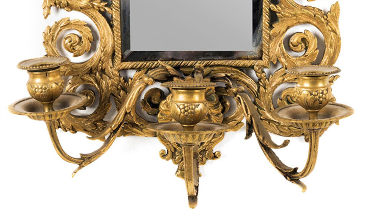 Lacquered Pair of French Antique Baroque Style Brass Girandole Wall Mirrors, 19th Century For Sale