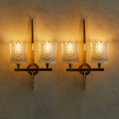 Pair of French Brass + Glass Sconces Attributed to Maison Arlus, 1940s