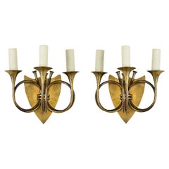 Vintage Pair of French Brass Horn Sconces
