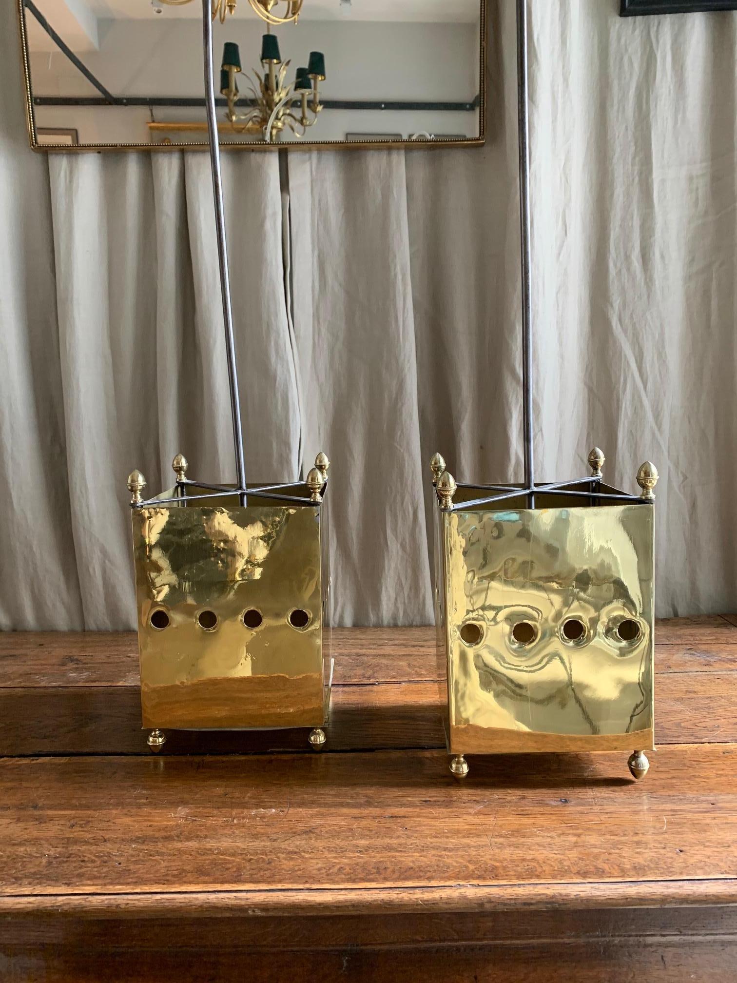 Mid-Century Modern Pair of French Brass Lanterns Chandeliers Maison Bagues Style