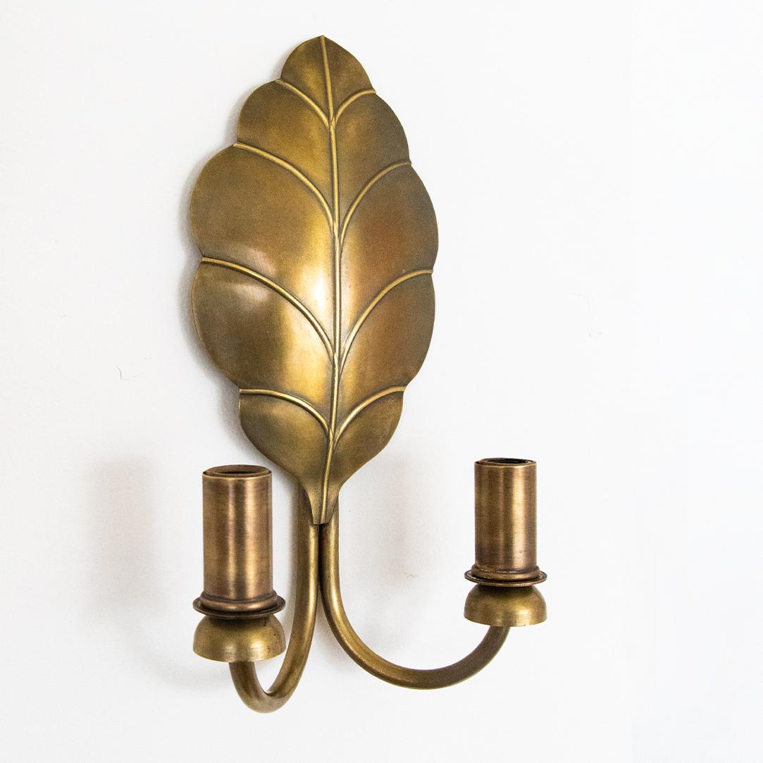 20th Century Pair of French Brass Leaf Sconces