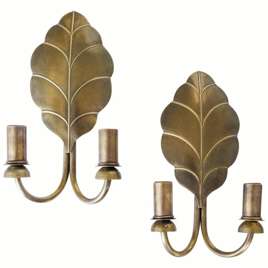 Pair of French Brass Leaf Sconces