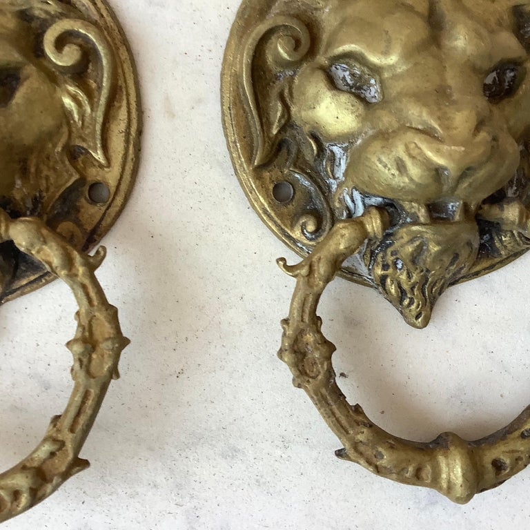 Pair Of French Brass Lion Heads Door Knocker Circa 1880 For Sale