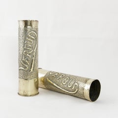 Pair of French Brass Repousse Trench Art Artillery Shell Vases Marked Verdun