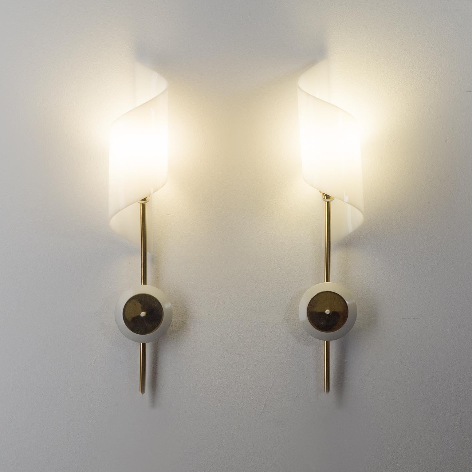 Mid-Century Modern Pair of French Brass Sconces with Acrylic Shades, circa 1960