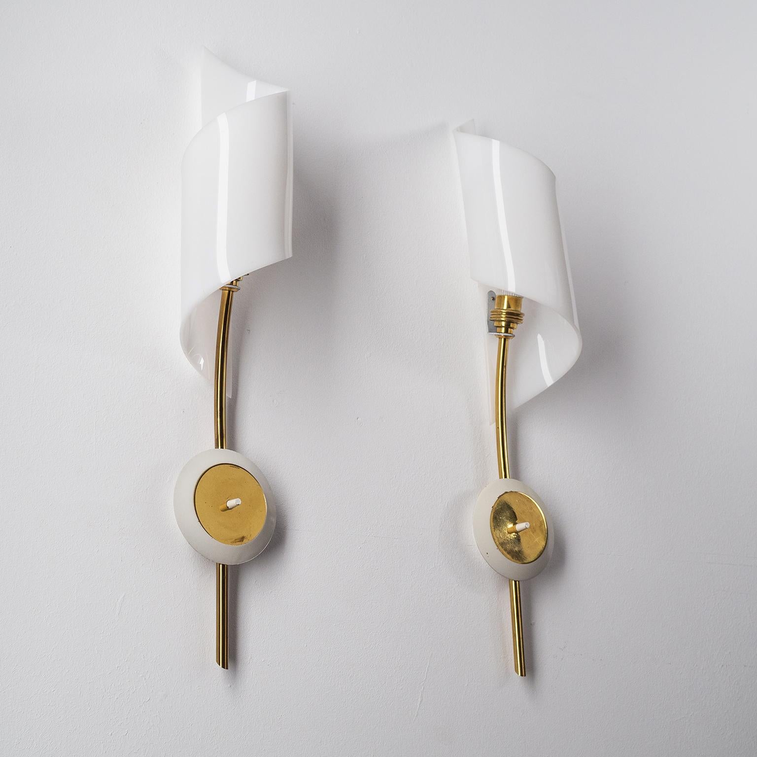 Mid-20th Century Pair of French Brass Sconces with Acrylic Shades, circa 1960