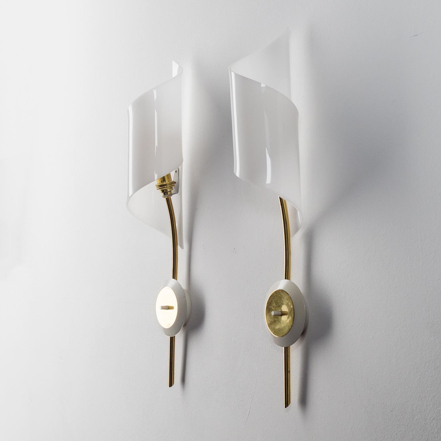 Pair of French Brass Sconces with Acrylic Shades, circa 1960 4
