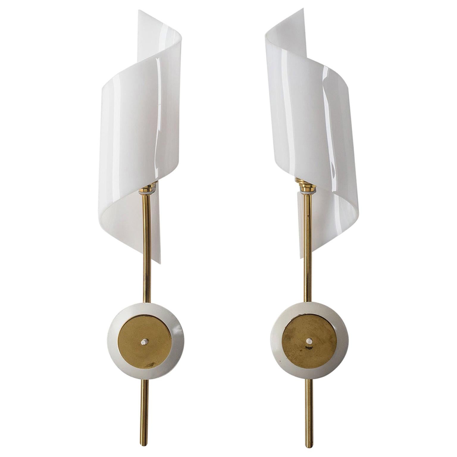 Pair of French Brass Sconces with Acrylic Shades, circa 1960