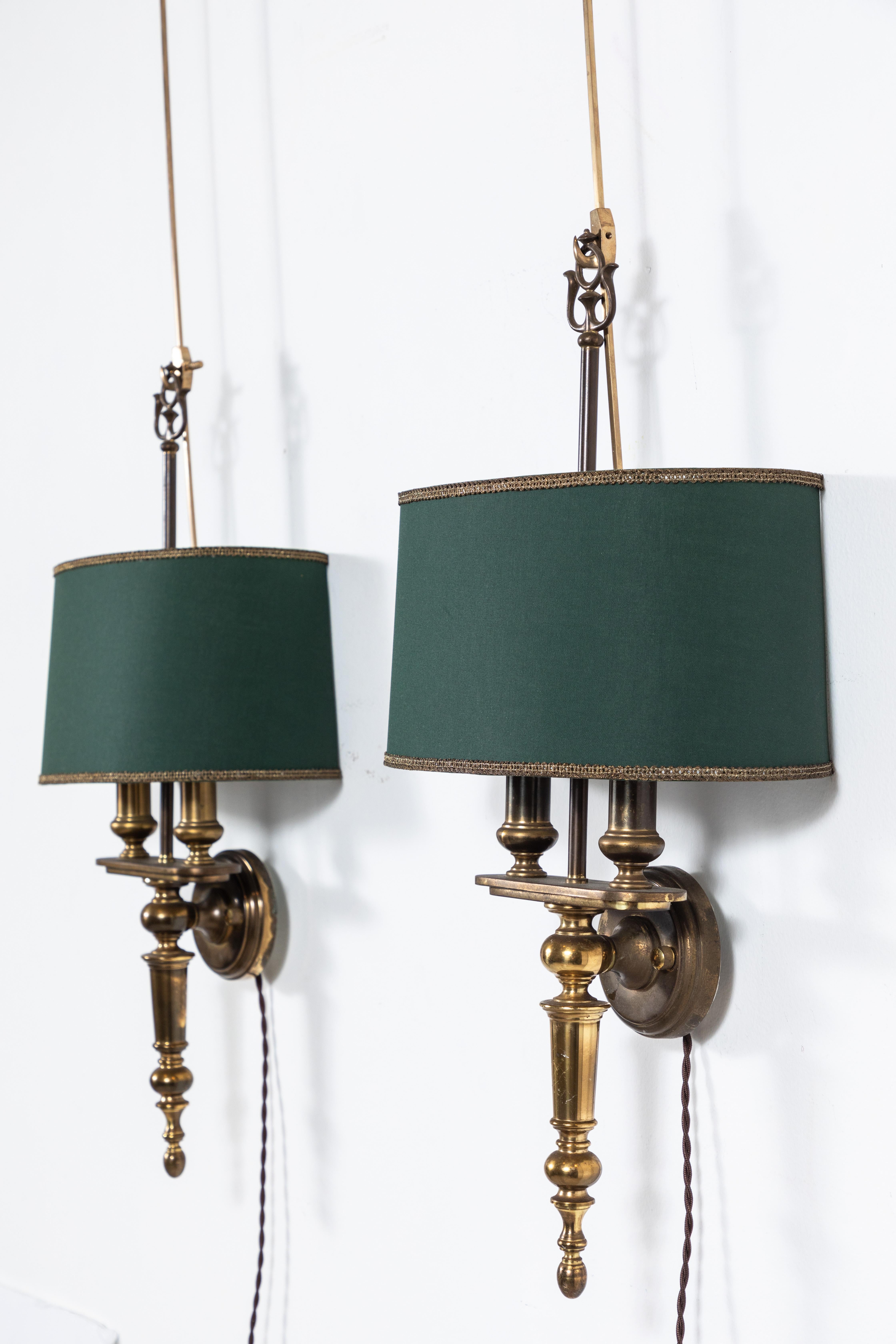 Pair of French Brass Sconces with Green Shades 1