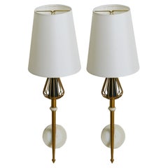 Pair of French Brass Single-Arm Wall Sconces in Manner of Maison Arlus, 1950s