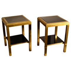 Pair of French Brass Square Side Tables with Two-Level Black Glass Shelves